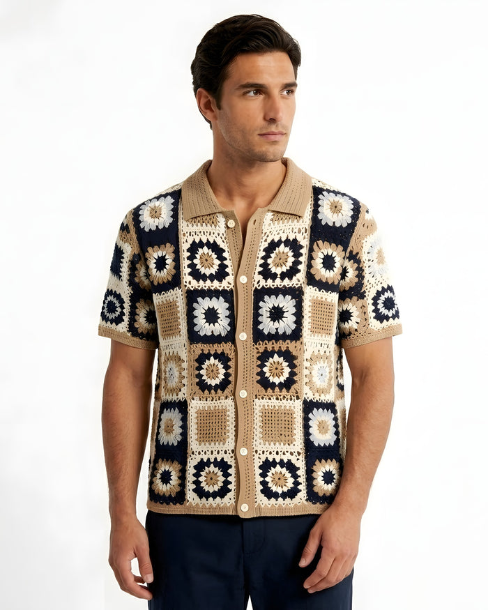 Positano Granny-Square Crochet Shirt - Navy Tan