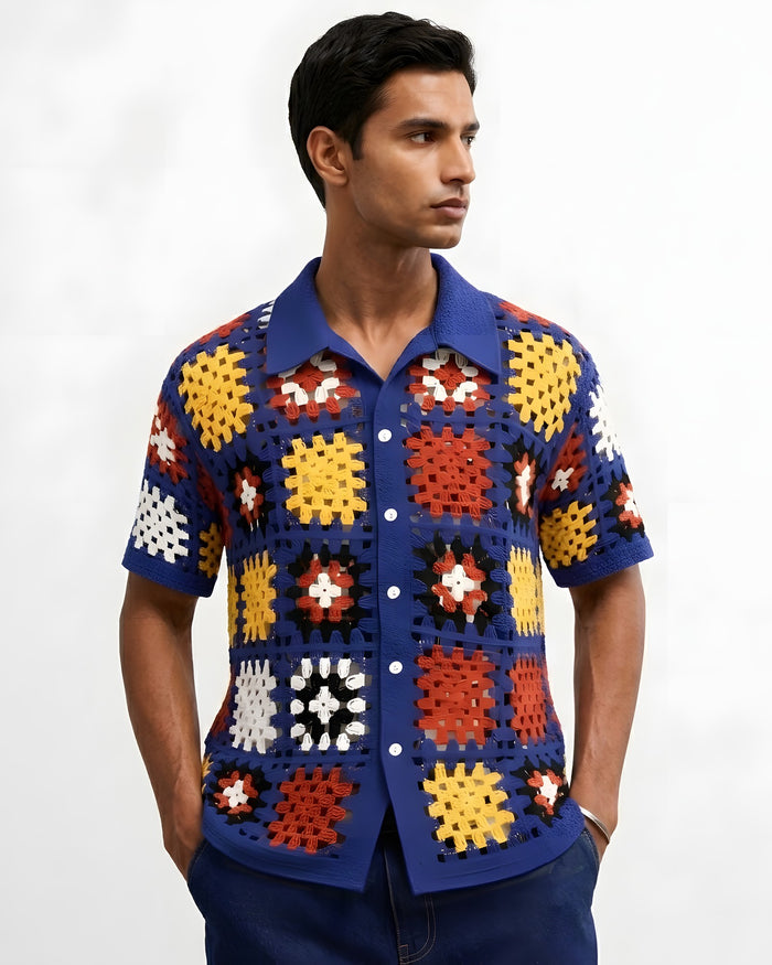 Sorrento Granny-Square Crochet Shirt - Blue Multi