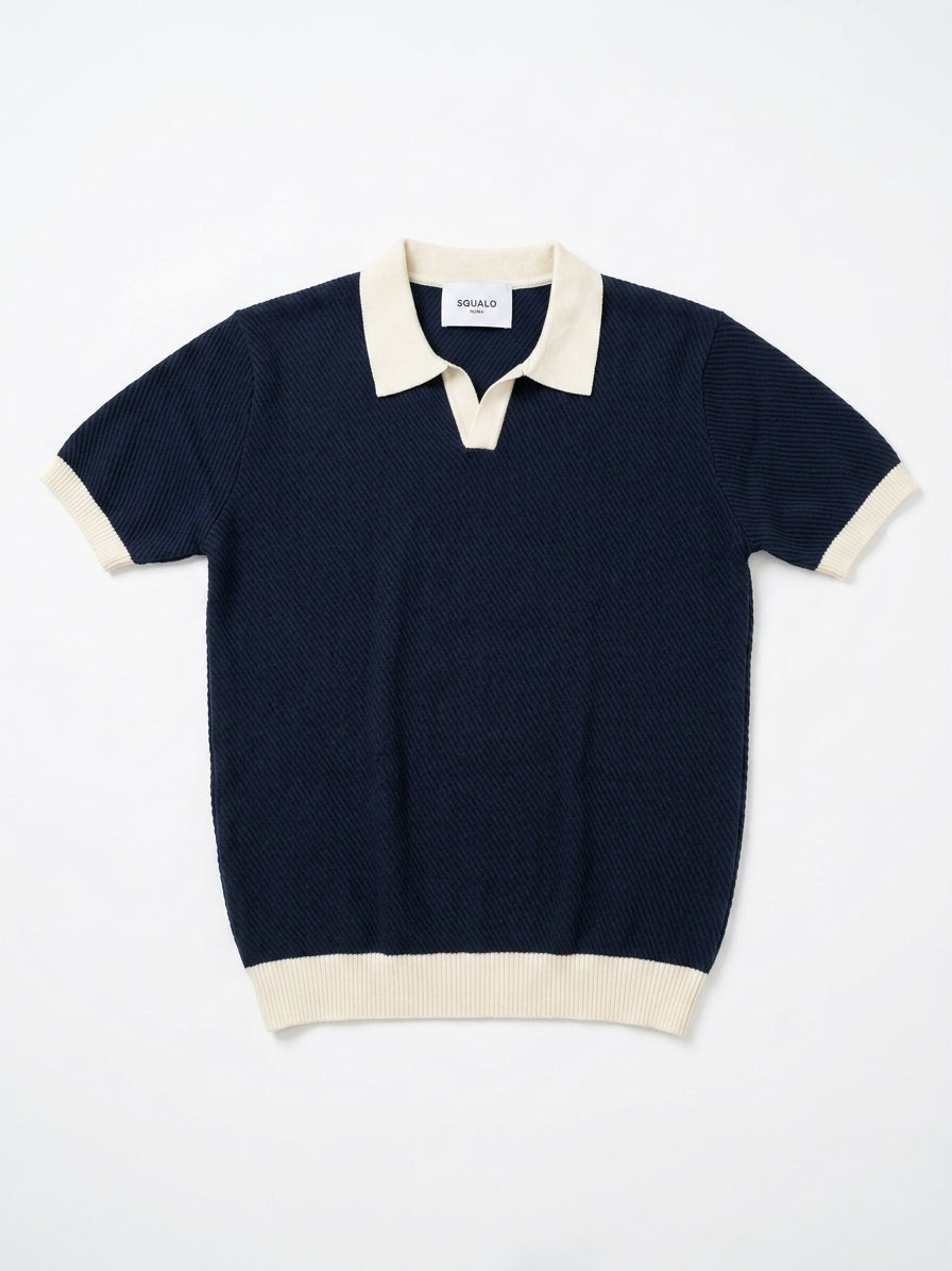 Contrast Collar Knit Polo - Navy