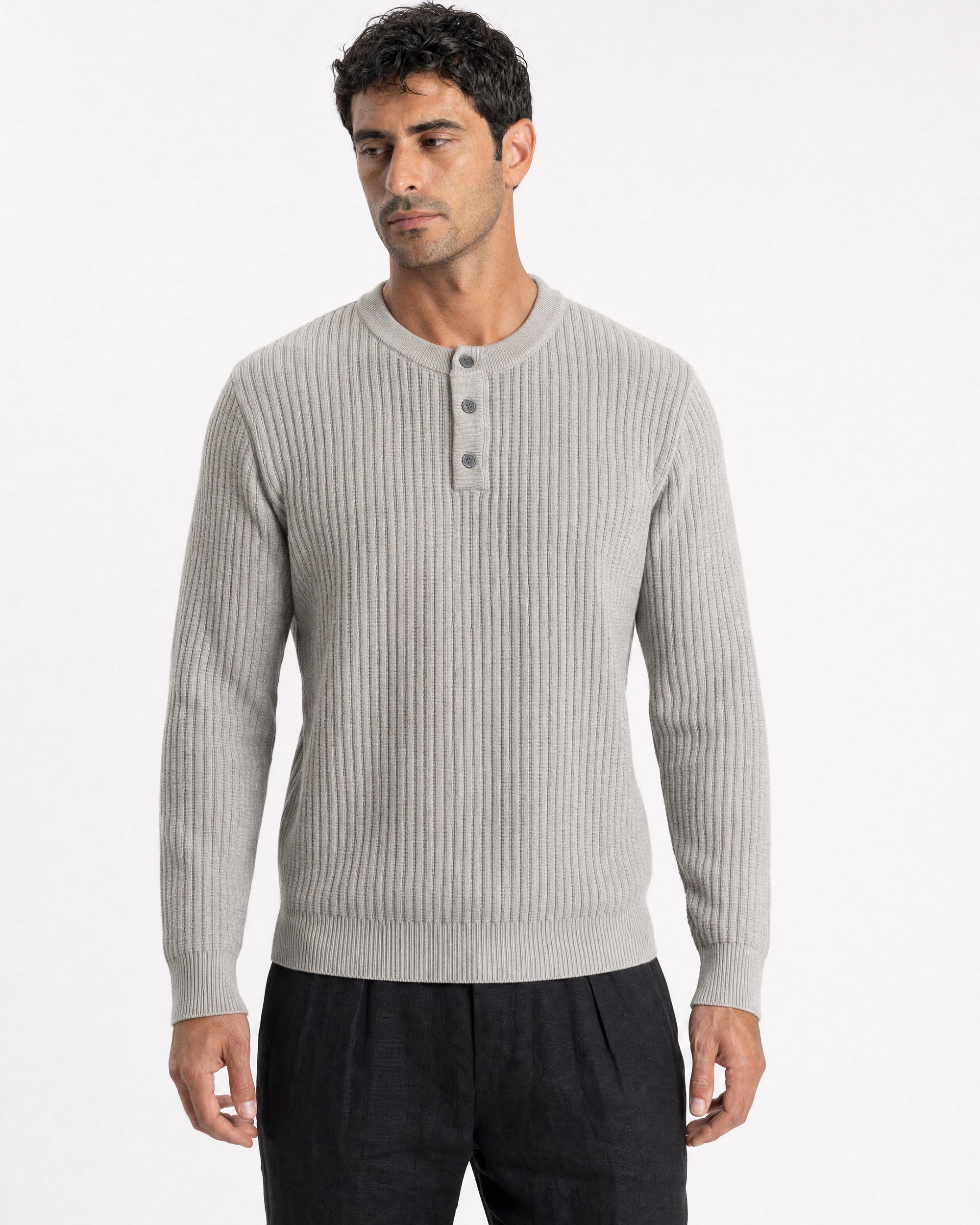 Bergamo Ribbed Three-Button Knit Henley - Beige