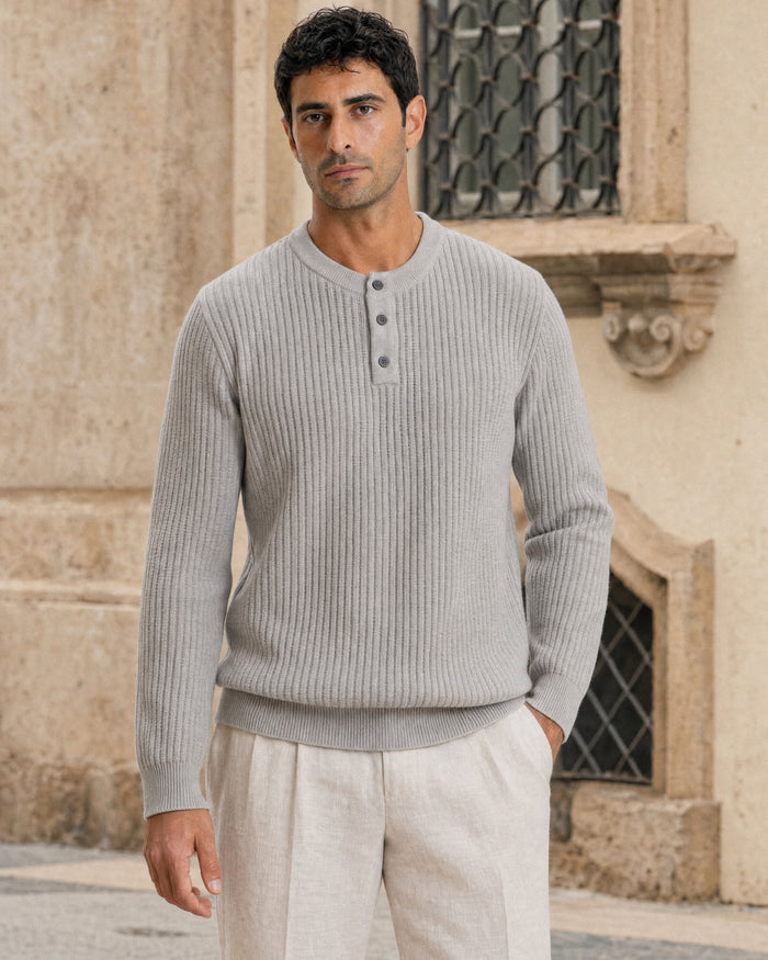 Bergamo Ribbed Three-Button Knit Henley - Beige