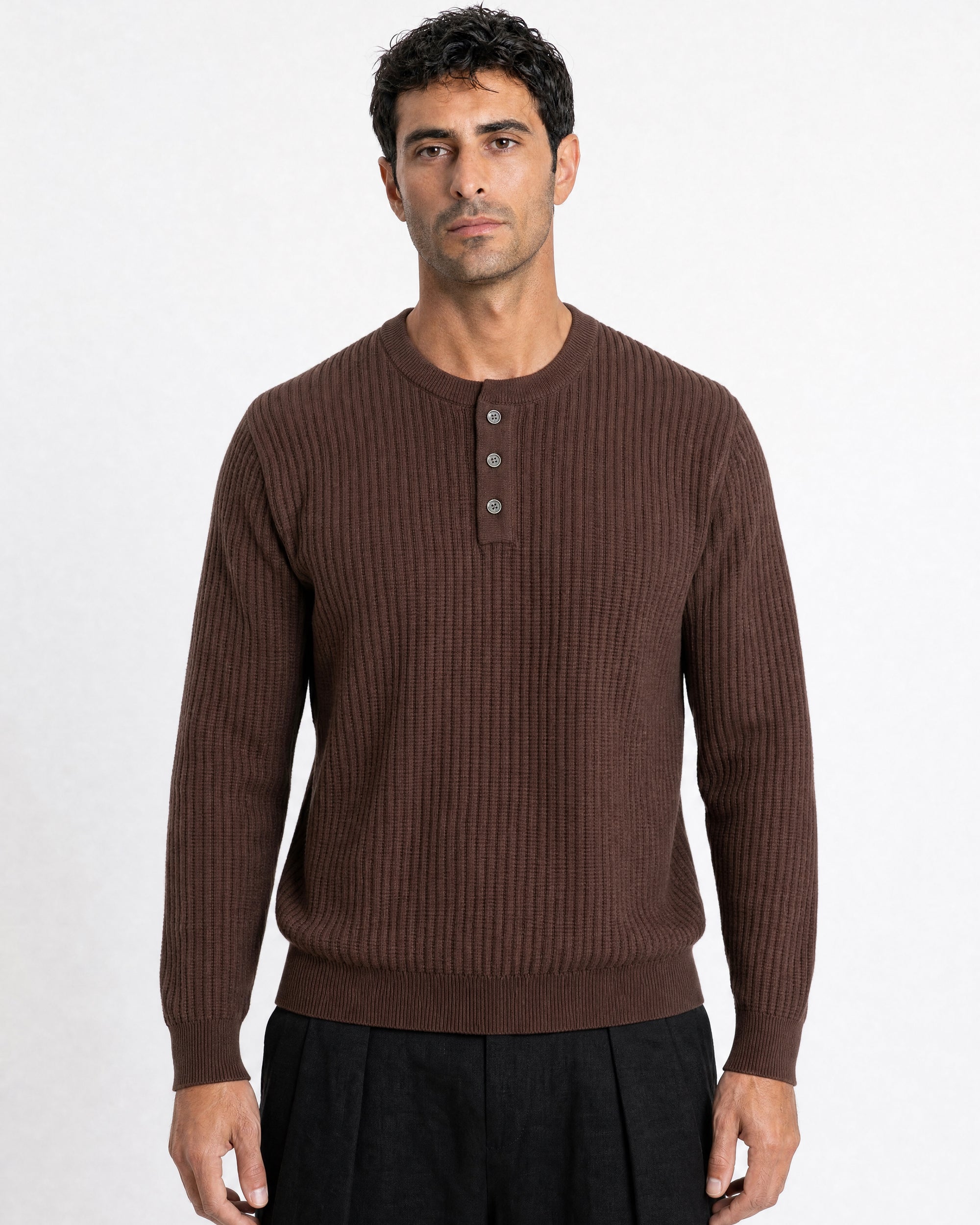 Bergamo Ribbed Three-Button Knit Henley - Brown