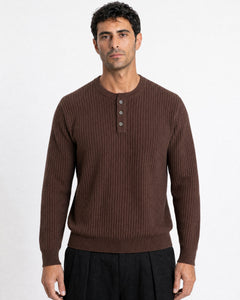 Bergamo Ribbed Three-Button Knit Henley - Brown