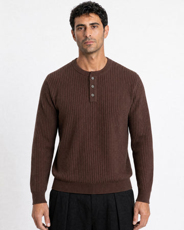 Bergamo Ribbed Three-Button Knit Henley - Brown