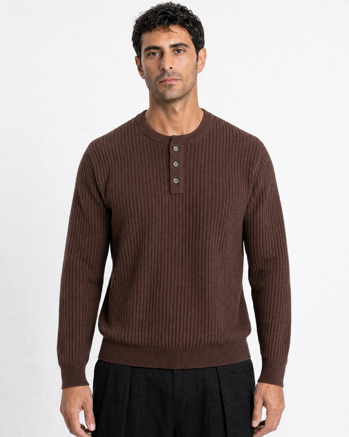 Bergamo Ribbed Three-Button Knit Henley - Brown
