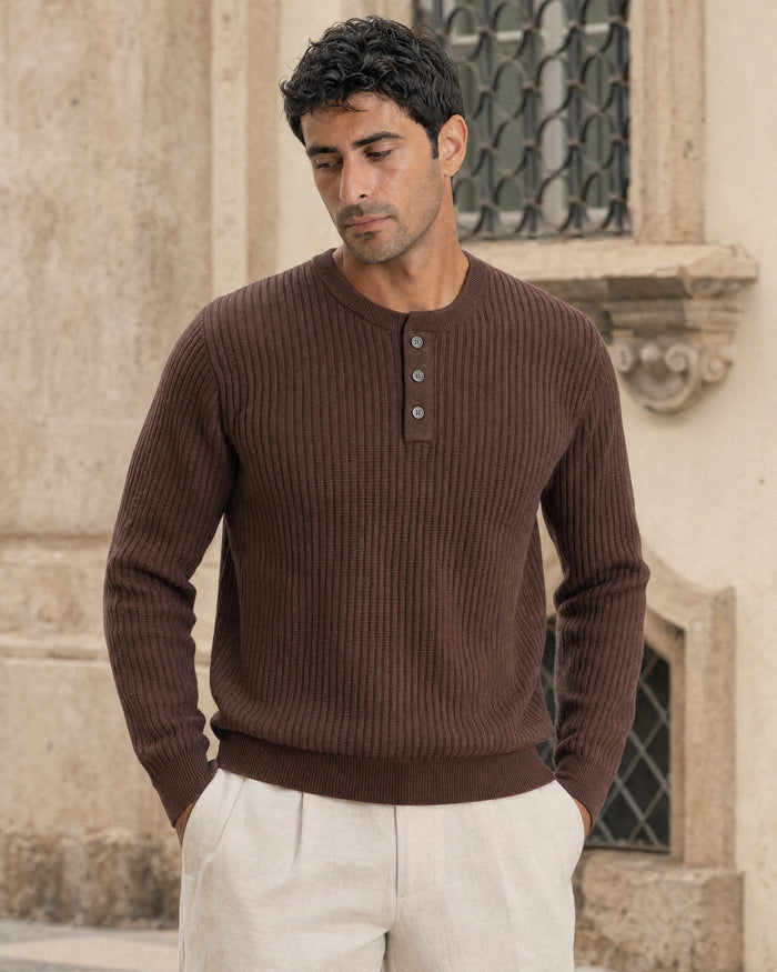 Bergamo Ribbed Three-Button Knit Henley - Brown