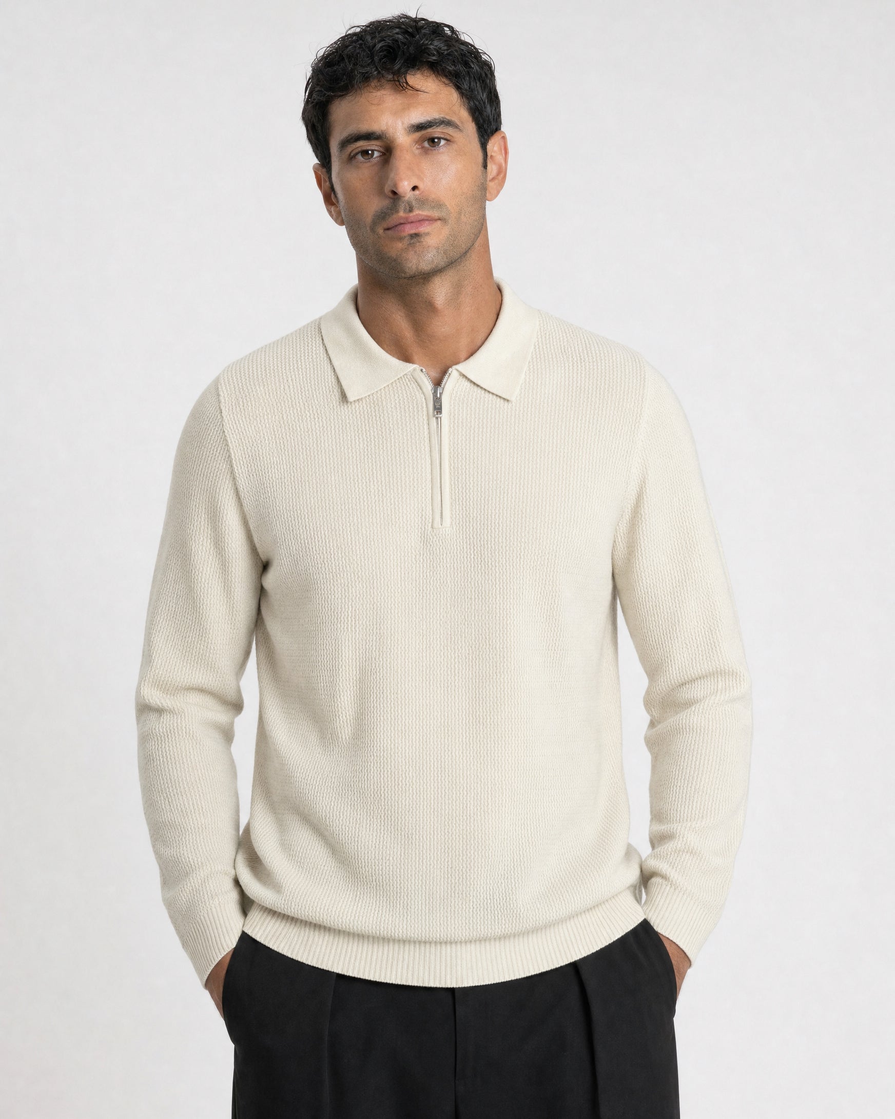 Como Ribbed Quarter-Zip Knit Polo - Cream