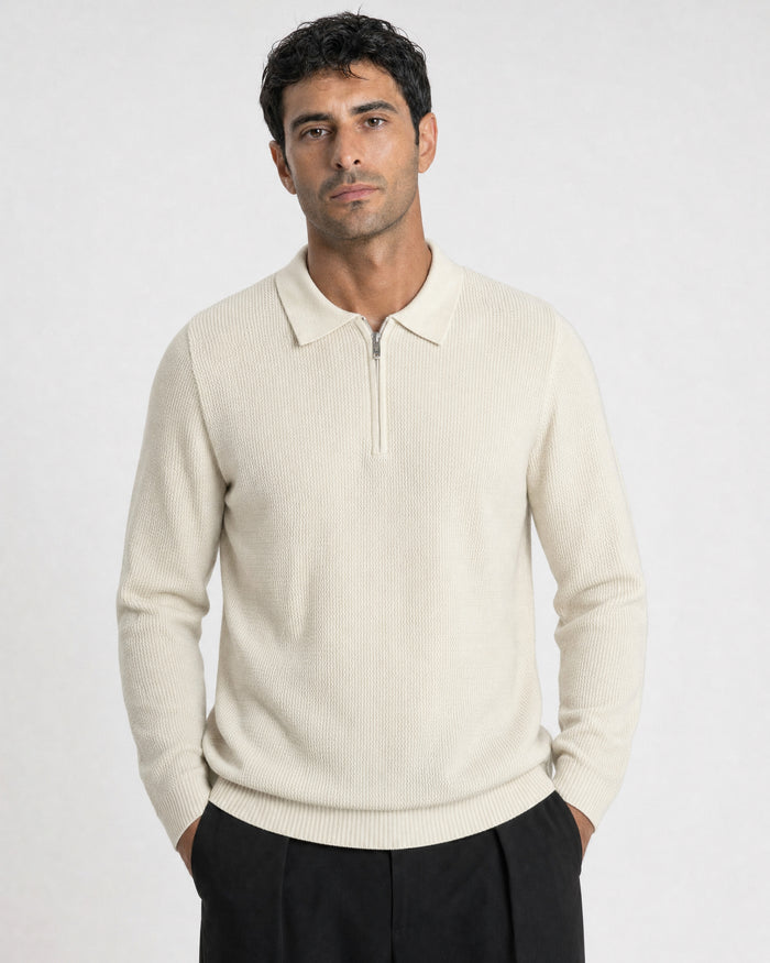 Como Ribbed Quarter-Zip Knit Polo - Cream