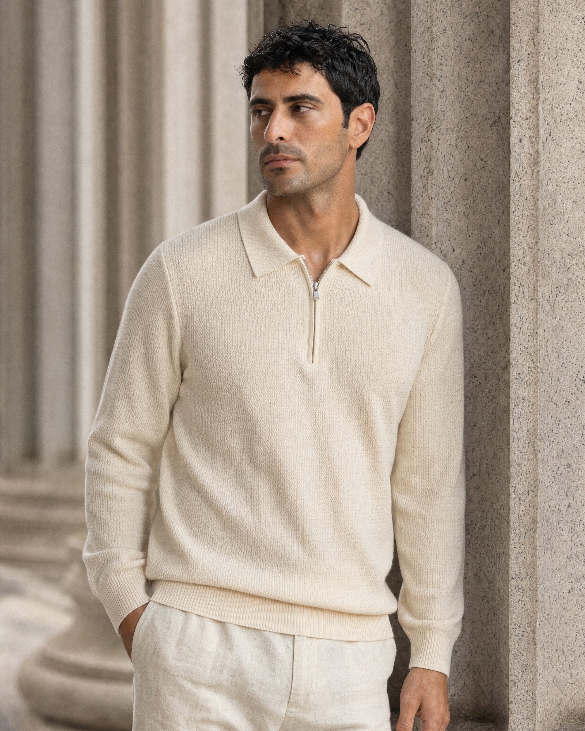 Como Ribbed Quarter-Zip Knit Polo - Cream