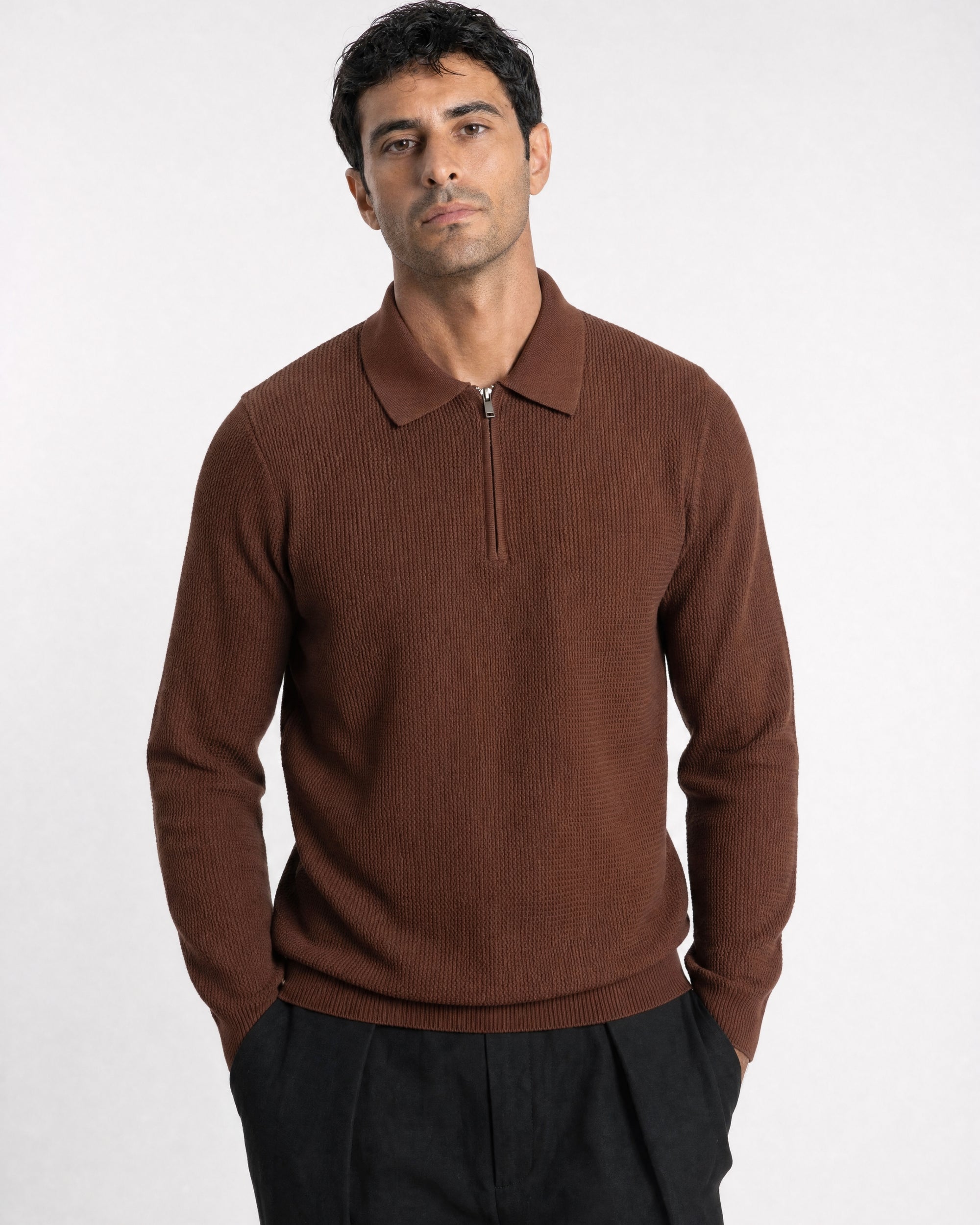 Como Ribbed Quarter-Zip Knit Polo - Espresso
