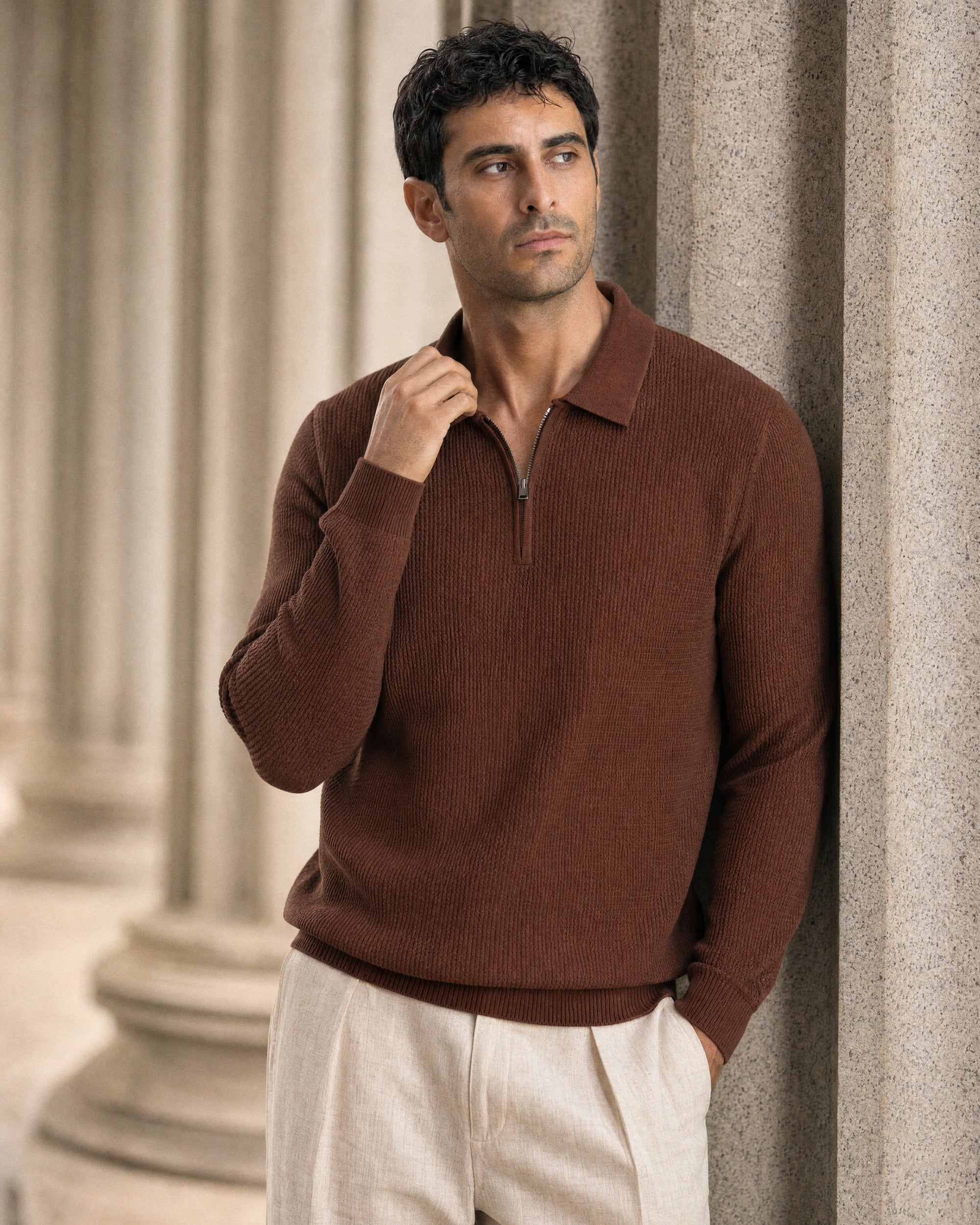 Como Ribbed Quarter-Zip Knit Polo - Espresso