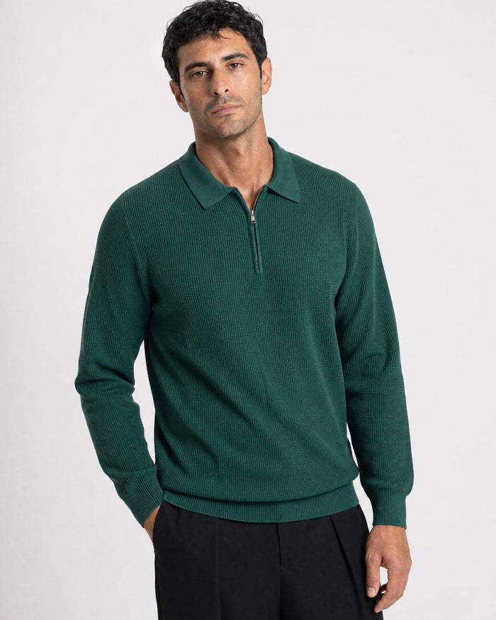 Como Ribbed Quarter-Zip Knit Polo - Forest Green