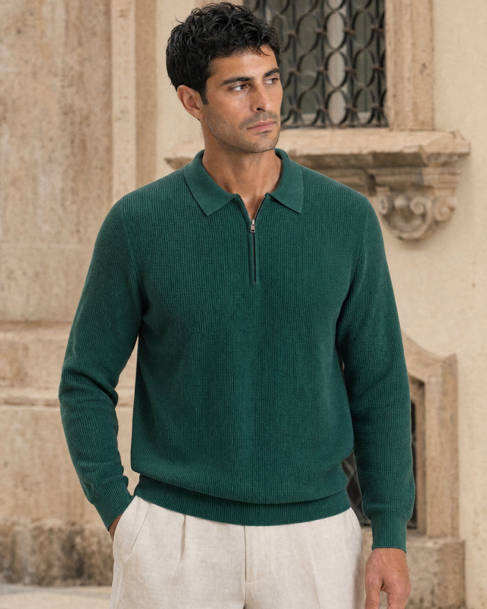 Como Ribbed Quarter-Zip Knit Polo - Forest Green
