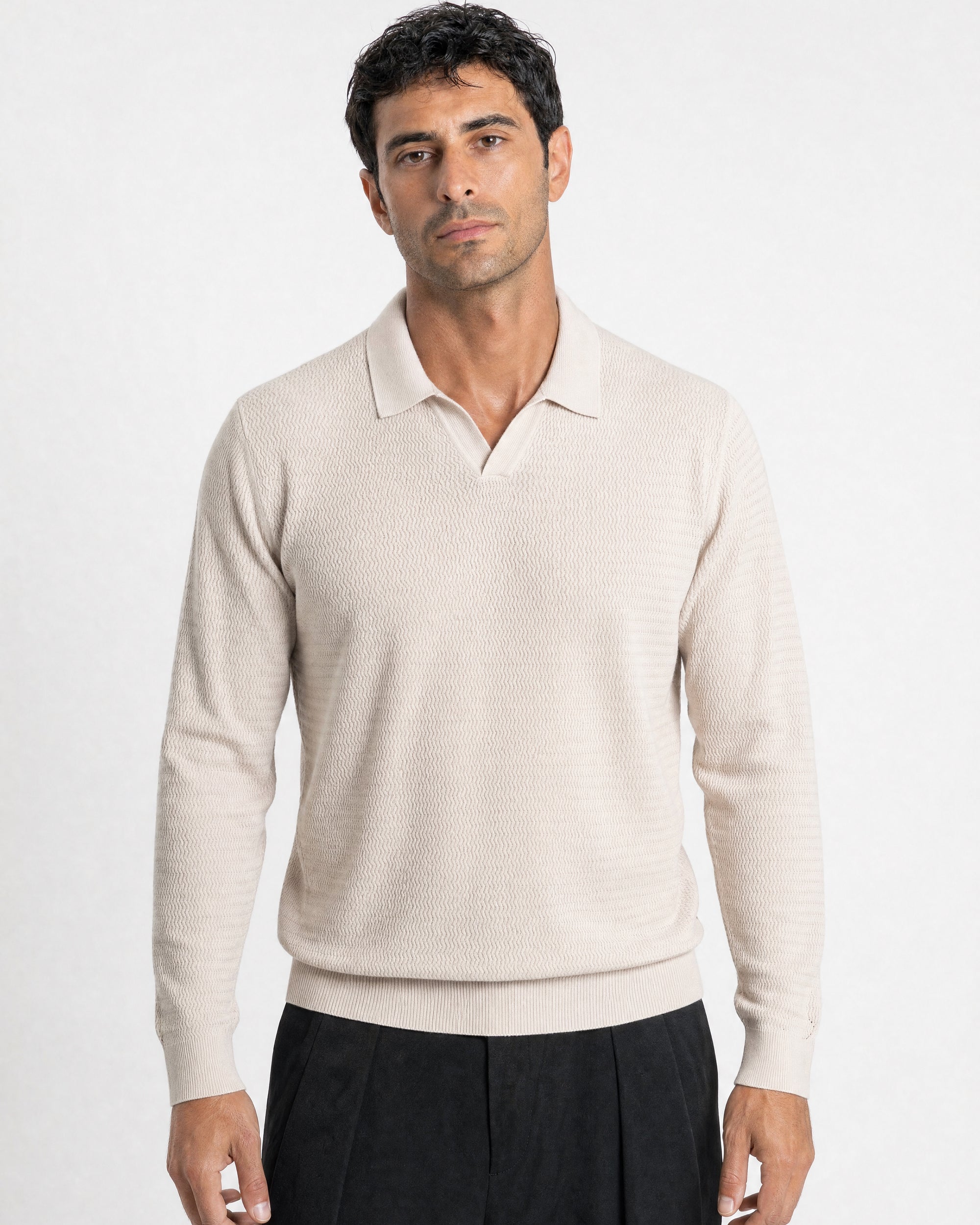 Sirmione Wave-Textured Open-Collar Knit Polo - Beige