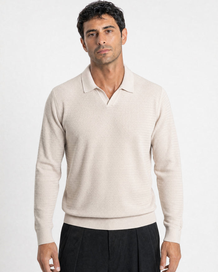 Sirmione Wave-Textured Open-Collar Knit Polo - Beige