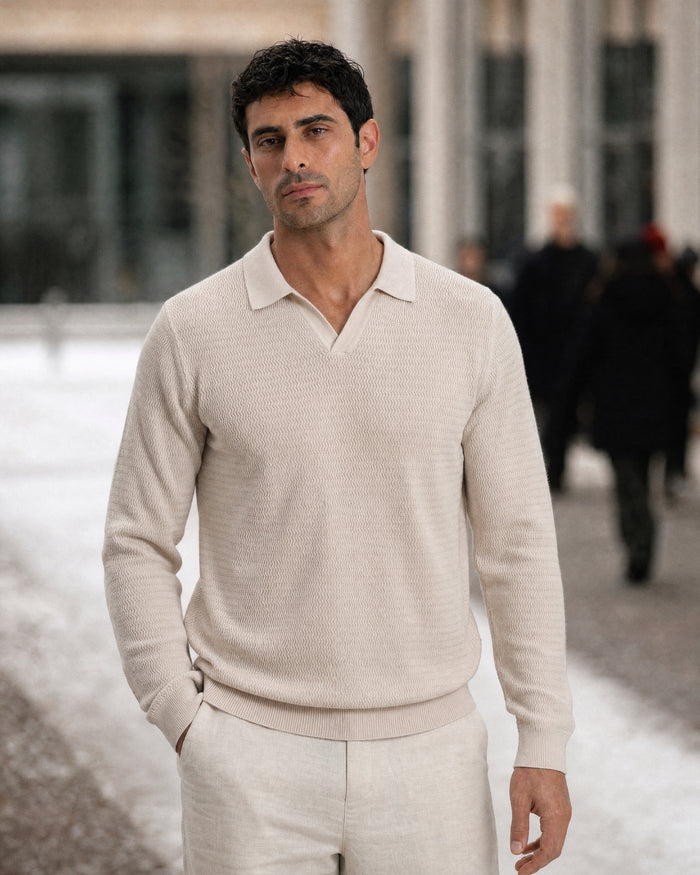 Sirmione Wave-Textured Open-Collar Knit Polo - Beige
