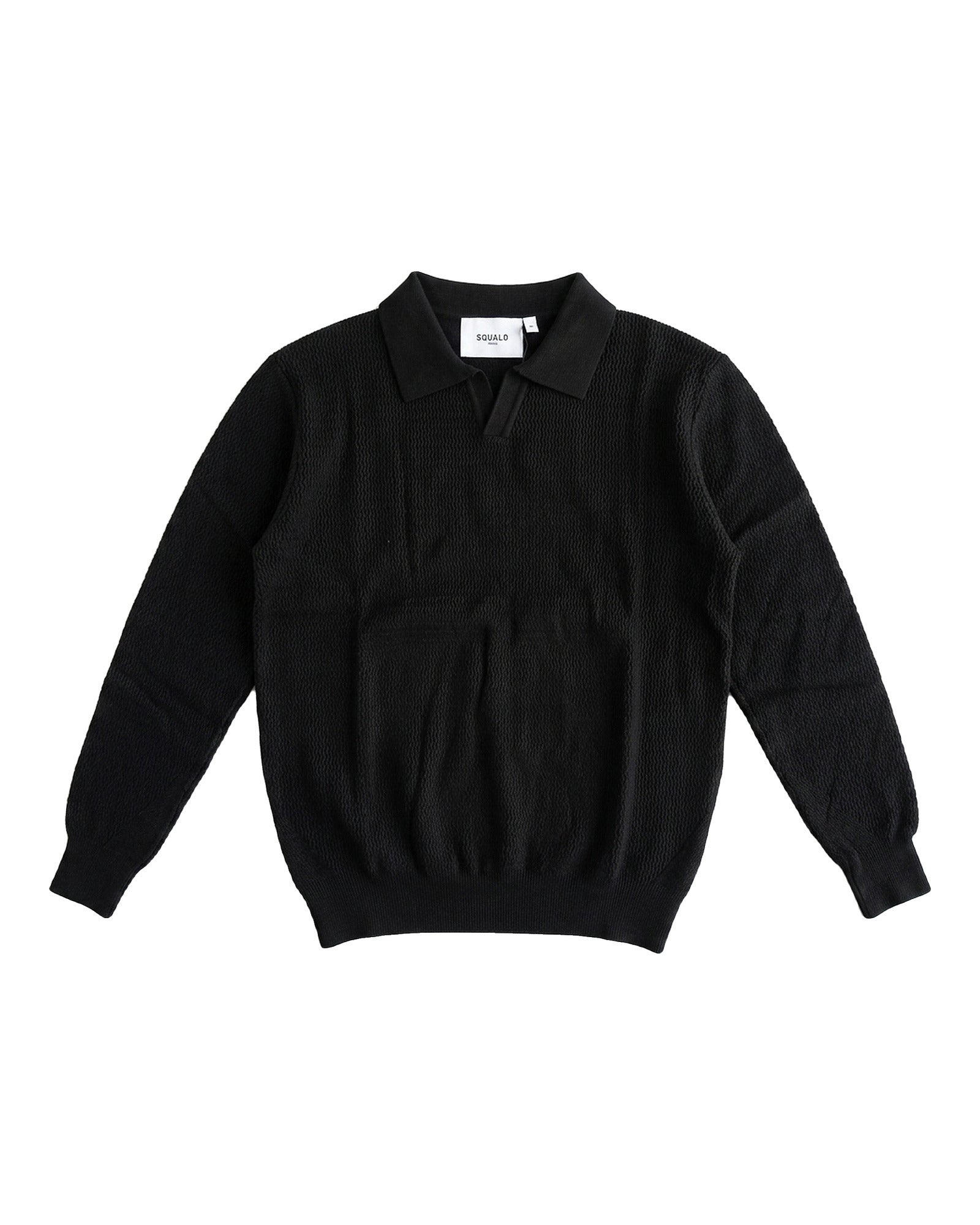 Sirmione Wave-Textured Open-Collar Knit Polo - Black