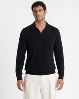 Sirmione Wave-Textured Open-Collar Knit Polo - Black view 1