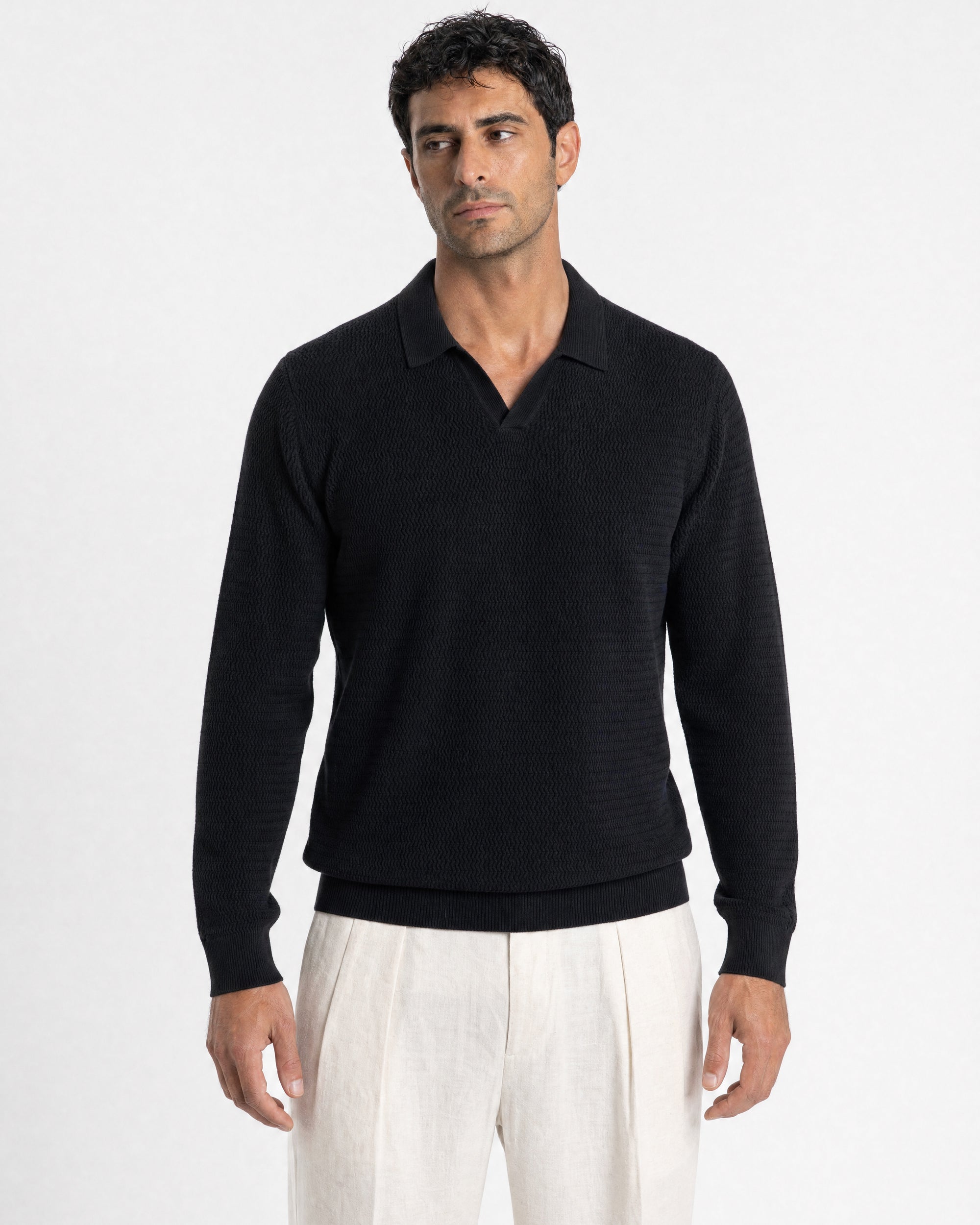 Sirmione Wave-Textured Open-Collar Knit Polo - Black