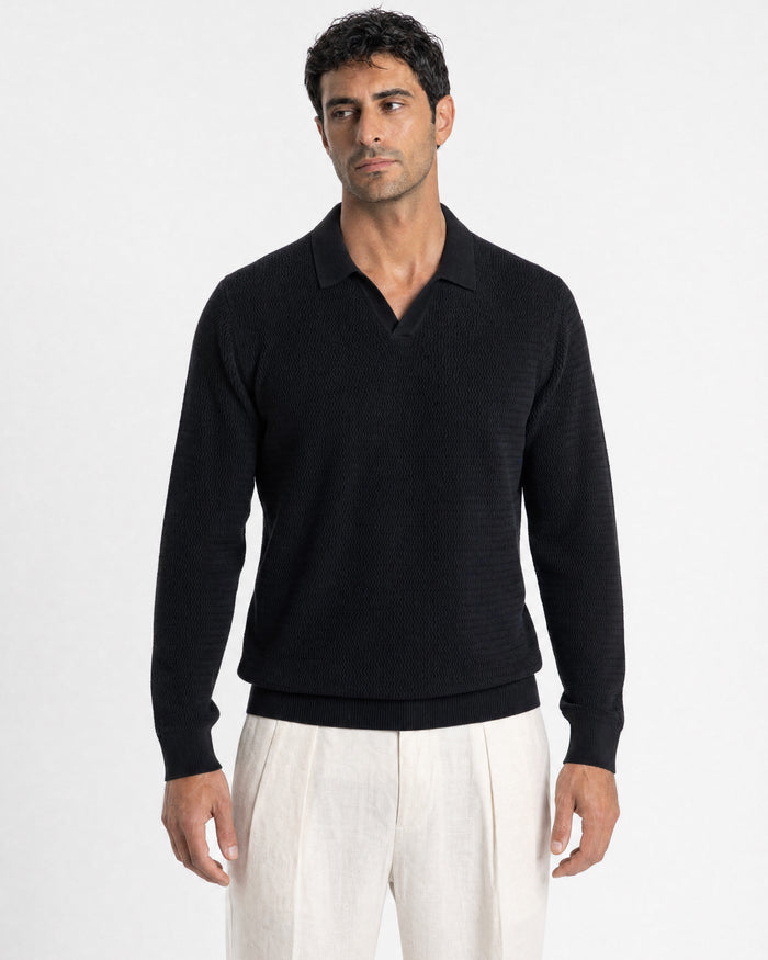 Sirmione Wave-Textured Open-Collar Knit Polo - Black