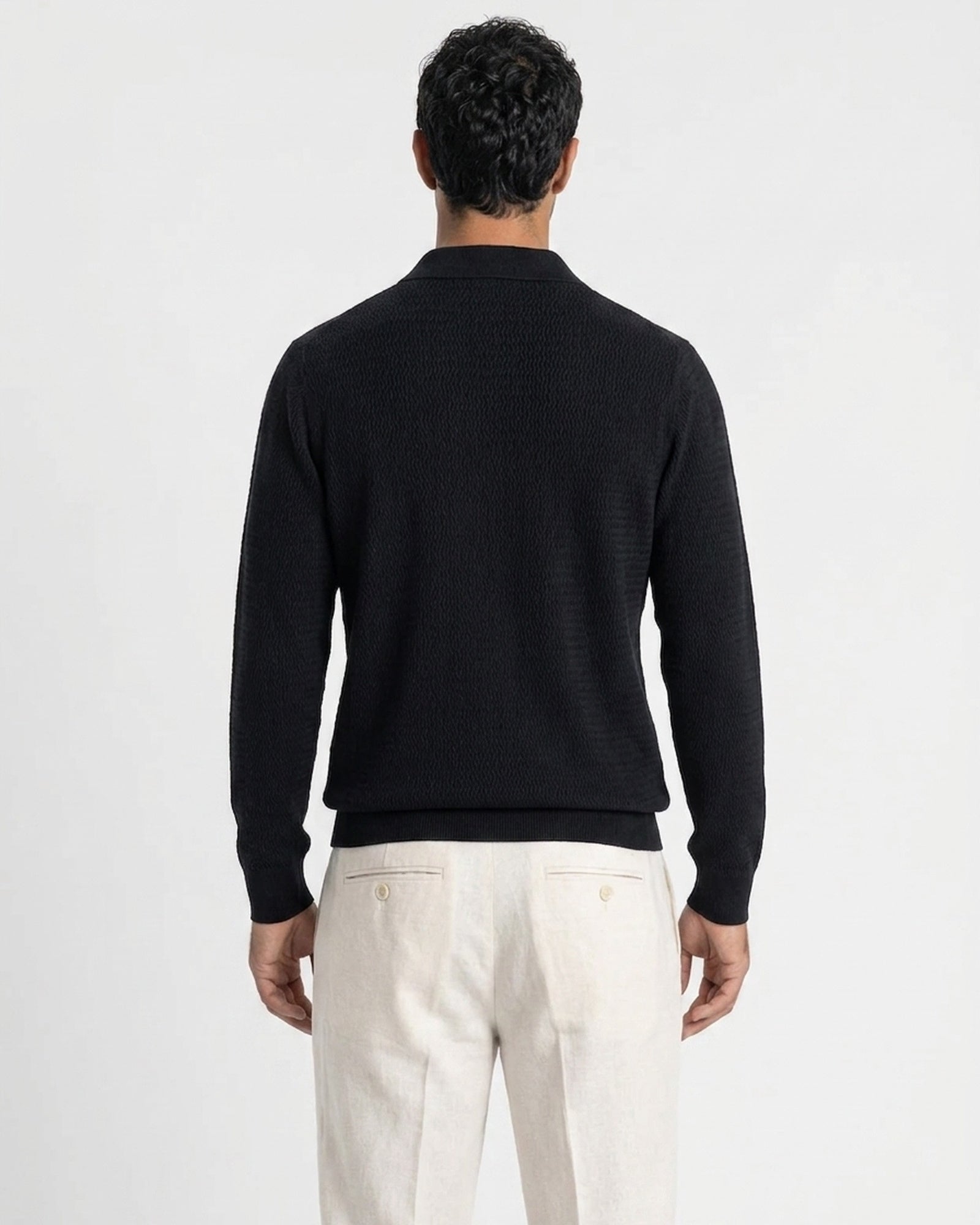 Sirmione Wave-Textured Open-Collar Knit Polo - Black