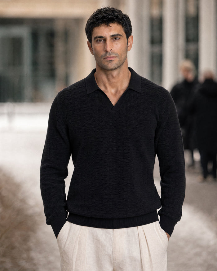Sirmione Wave-Textured Open-Collar Knit Polo - Black