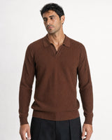 Sirmione Wave-Textured Open-Collar Knit Polo - Brown view 1