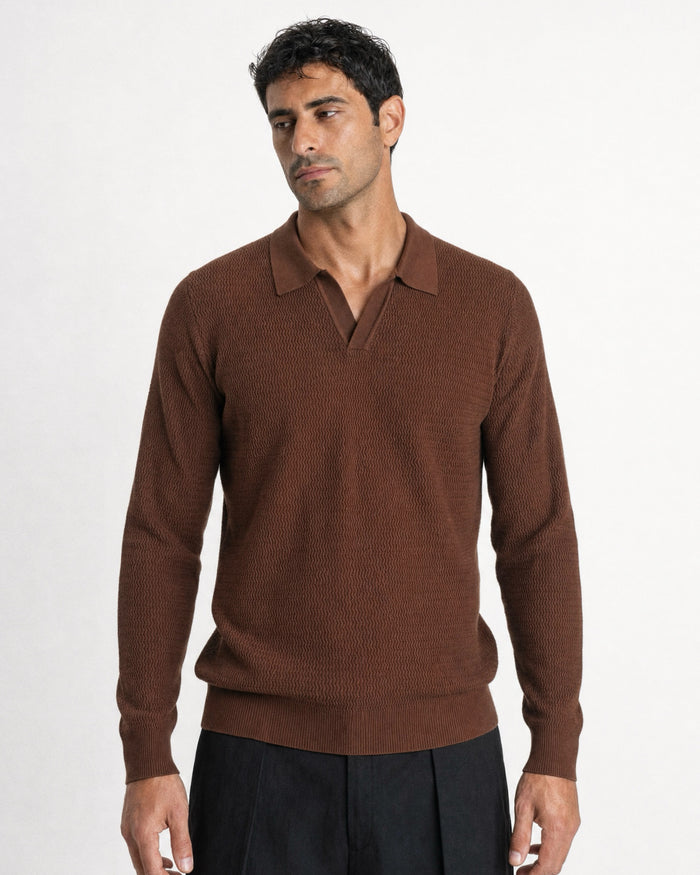 Sirmione Wave-Textured Open-Collar Knit Polo - Brown