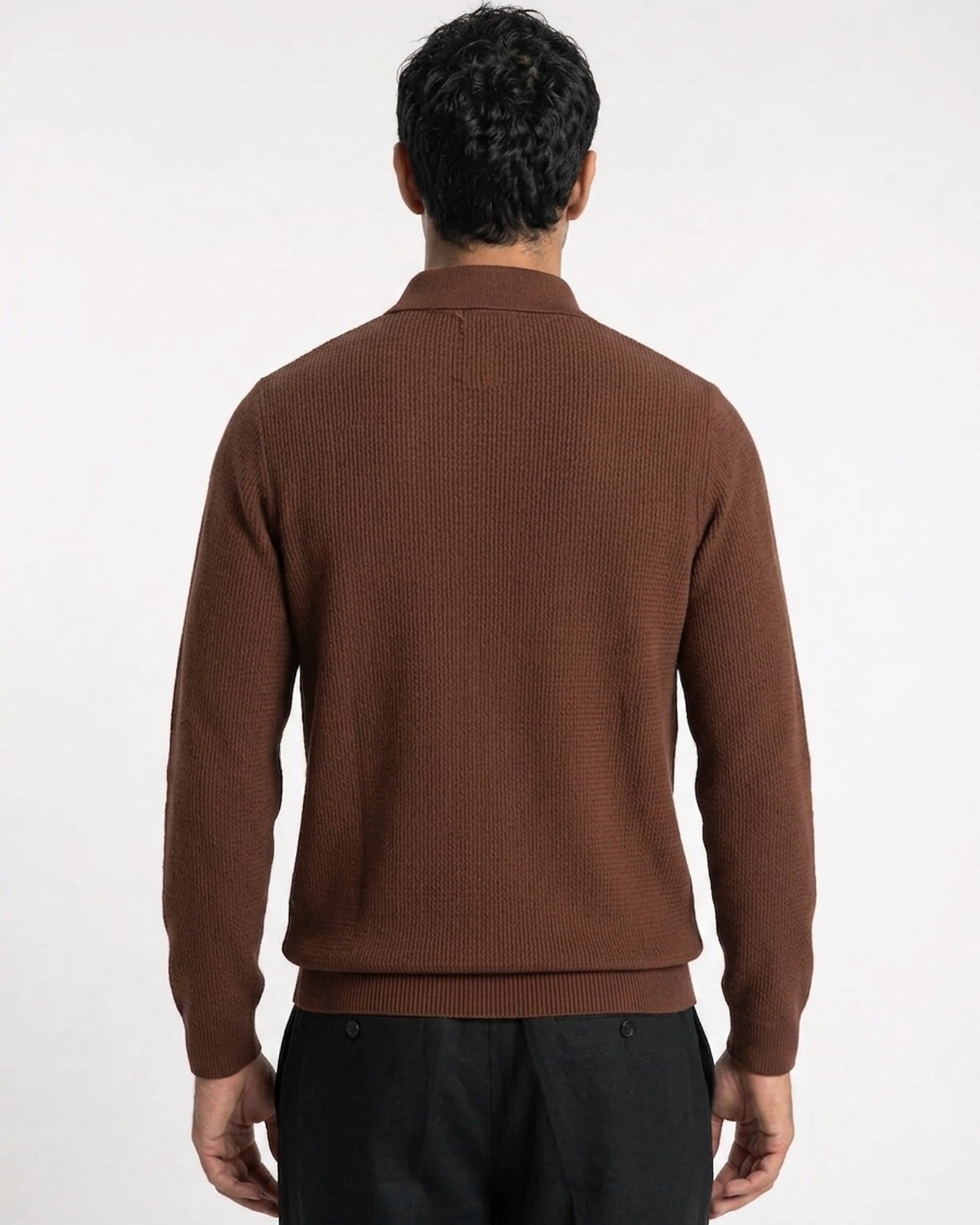 Sirmione Wave-Textured Open-Collar Knit Polo - Brown