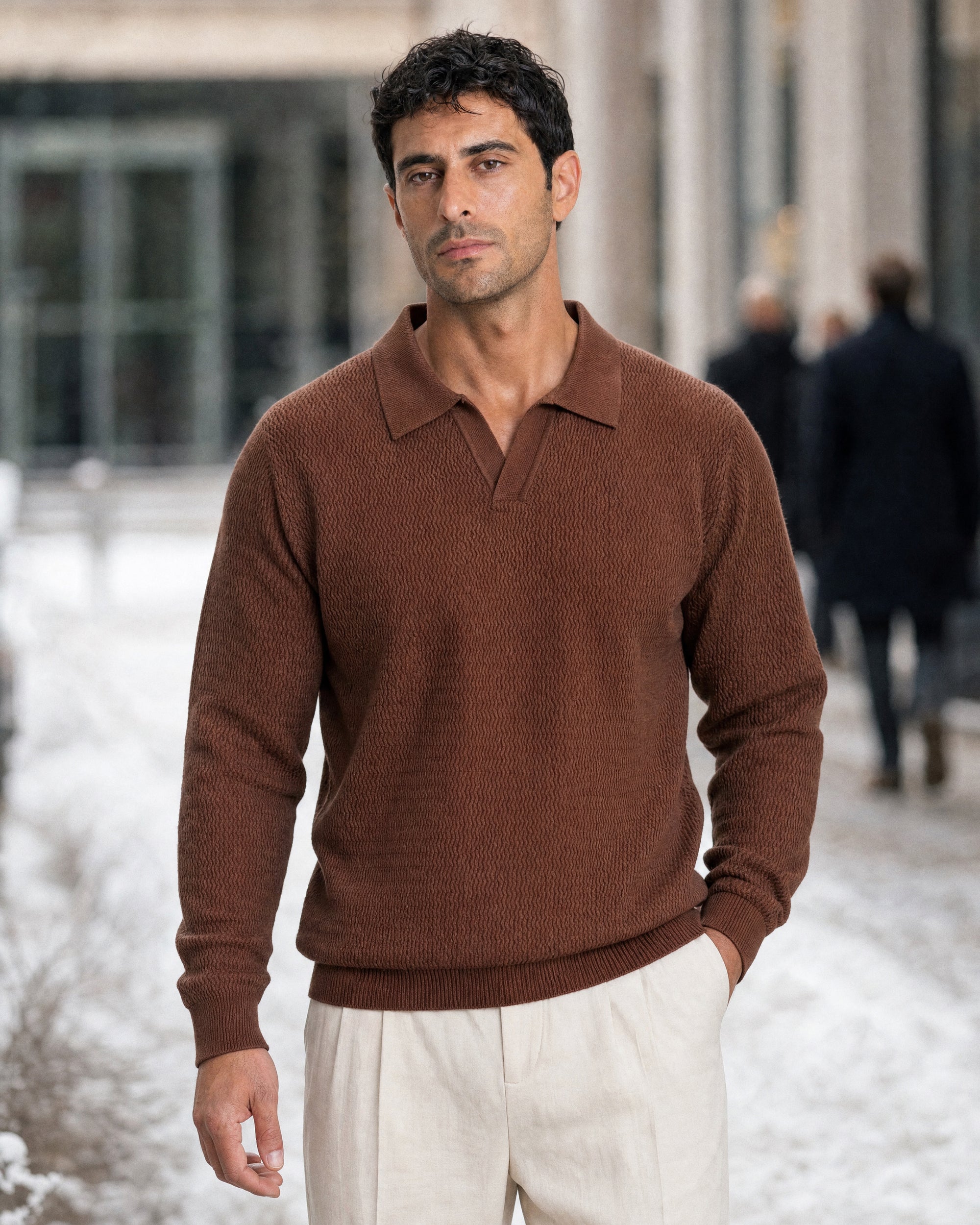 Sirmione Wave-Textured Open-Collar Knit Polo - Brown
