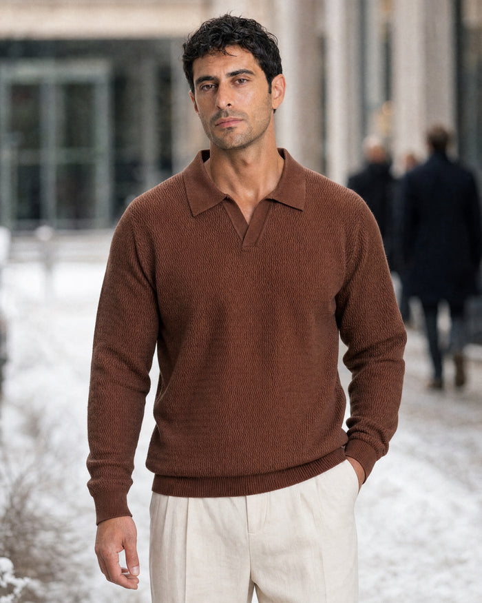 Sirmione Wave-Textured Open-Collar Knit Polo - Brown