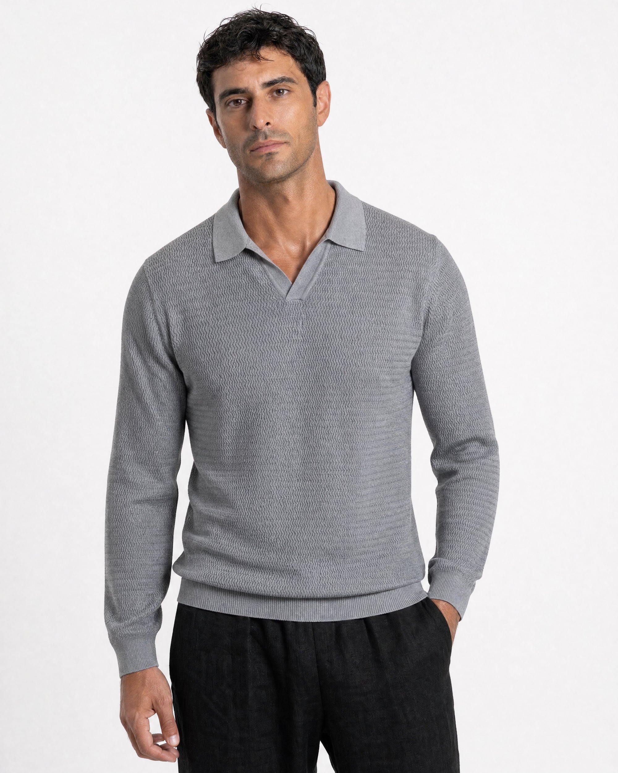 Sirmione Wave-Textured Open-Collar Knit Polo - Grey