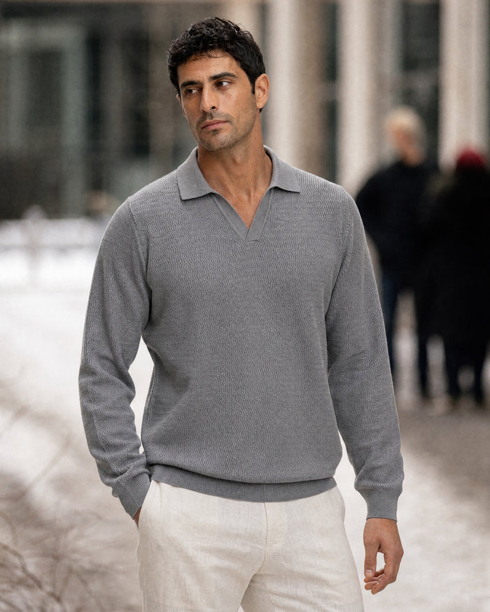 Sirmione Wave-Textured Open-Collar Knit Polo - Grey