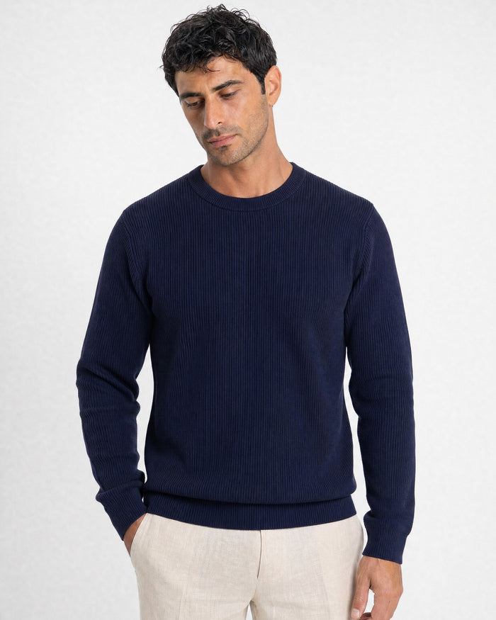 Verona Ribbed Mid-Weight Knit Crew - Navy