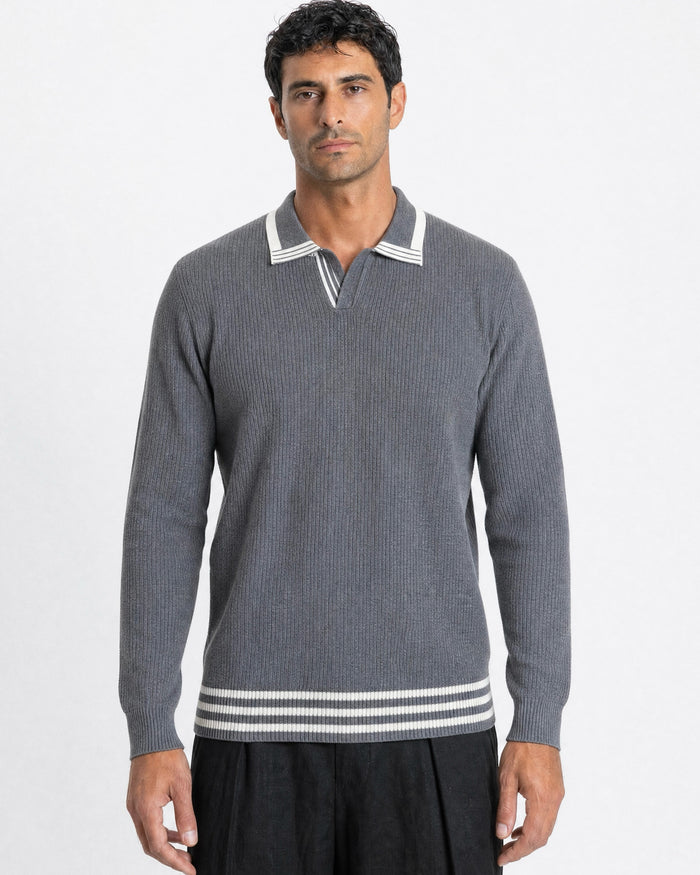 Tropea Tipped Open-Collar Knit Polo - Grey