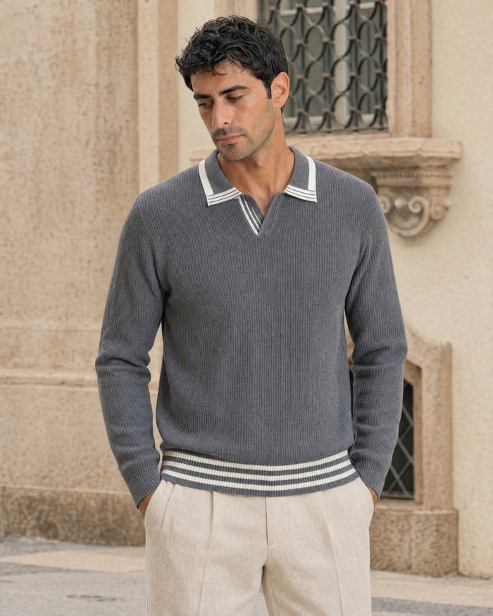 Tropea Tipped Open-Collar Knit Polo - Grey