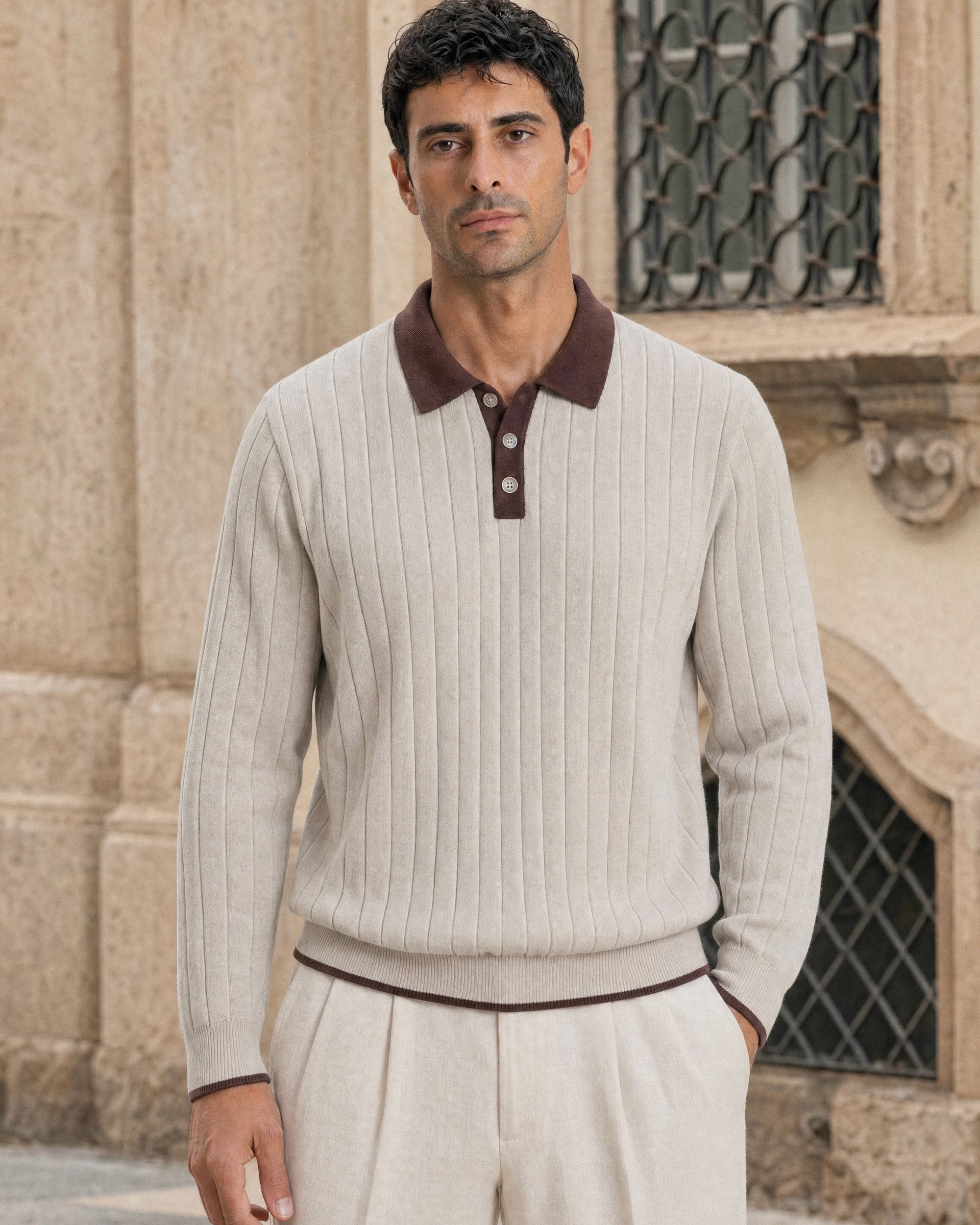 Portofino Tipped Contrast-Collar Knit Polo - Cream