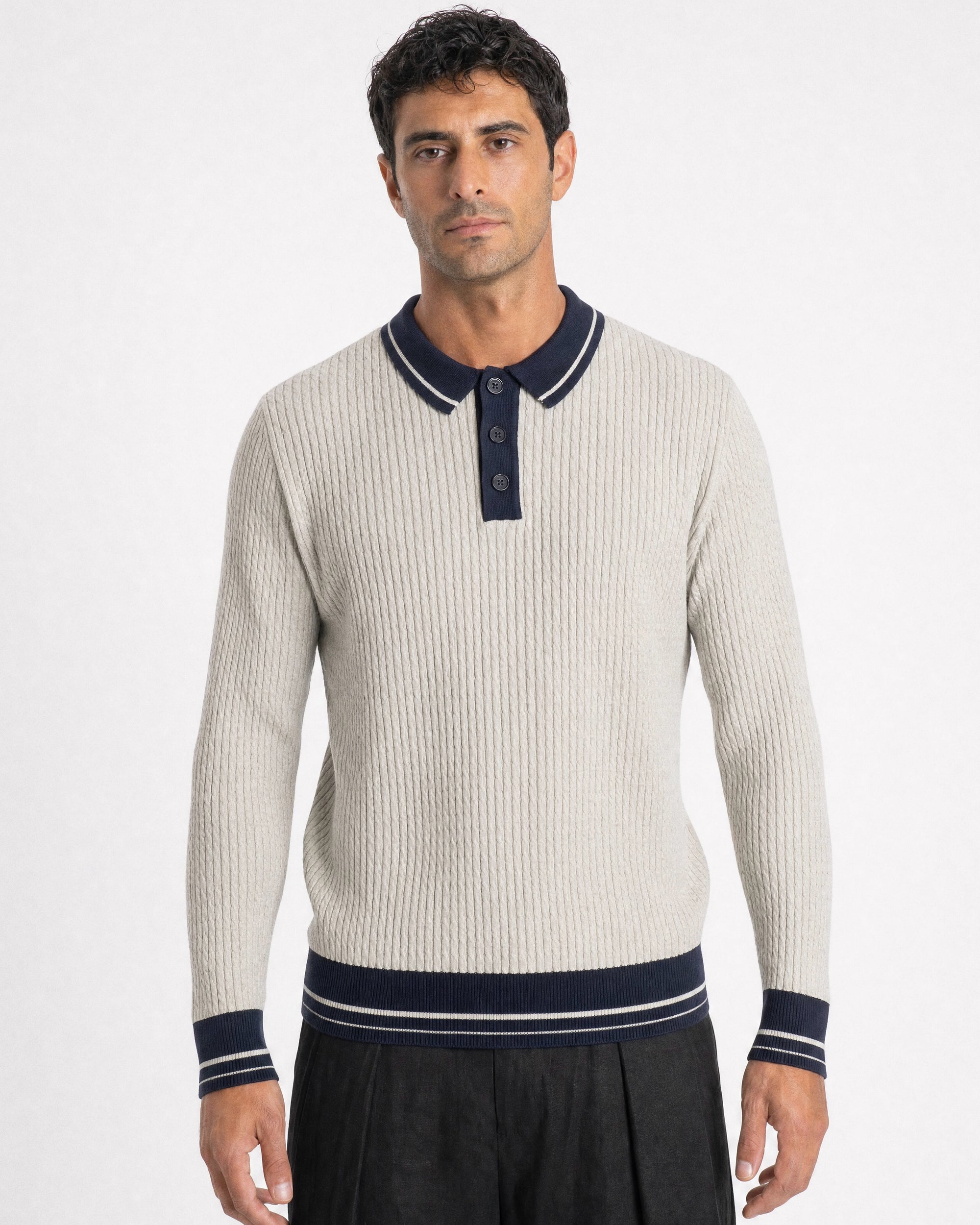 Taormina Contrast-Trim Ribbed Knit Polo - Beige