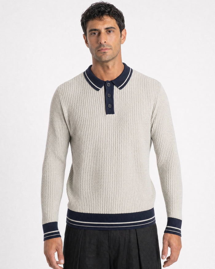 Taormina Contrast-Trim Ribbed Knit Polo - Beige