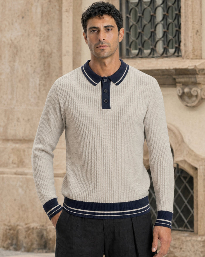 Taormina Contrast-Trim Ribbed Knit Polo - Beige