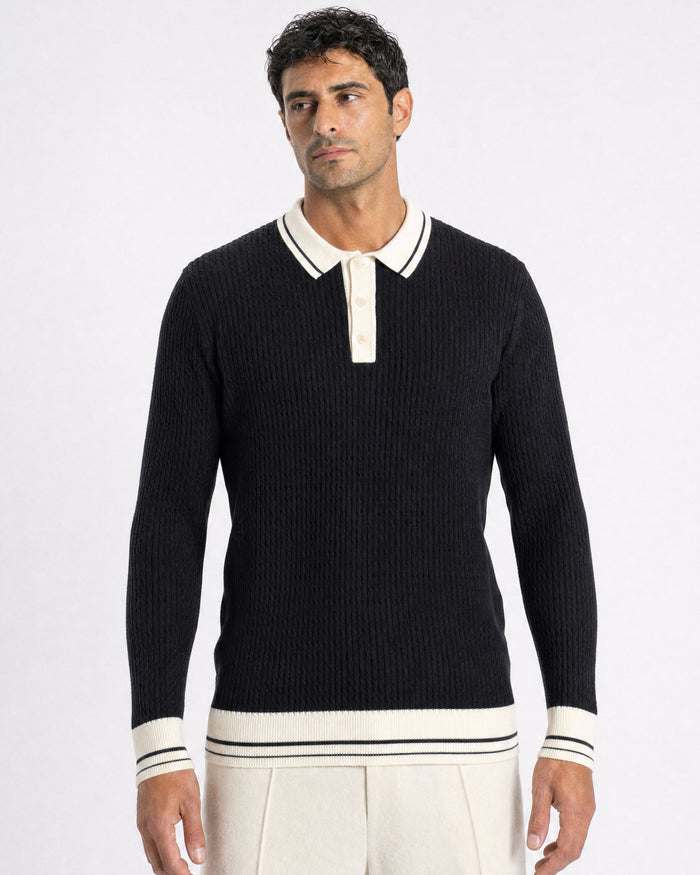 Taormina Contrast-Trim Ribbed Knit Polo - Black