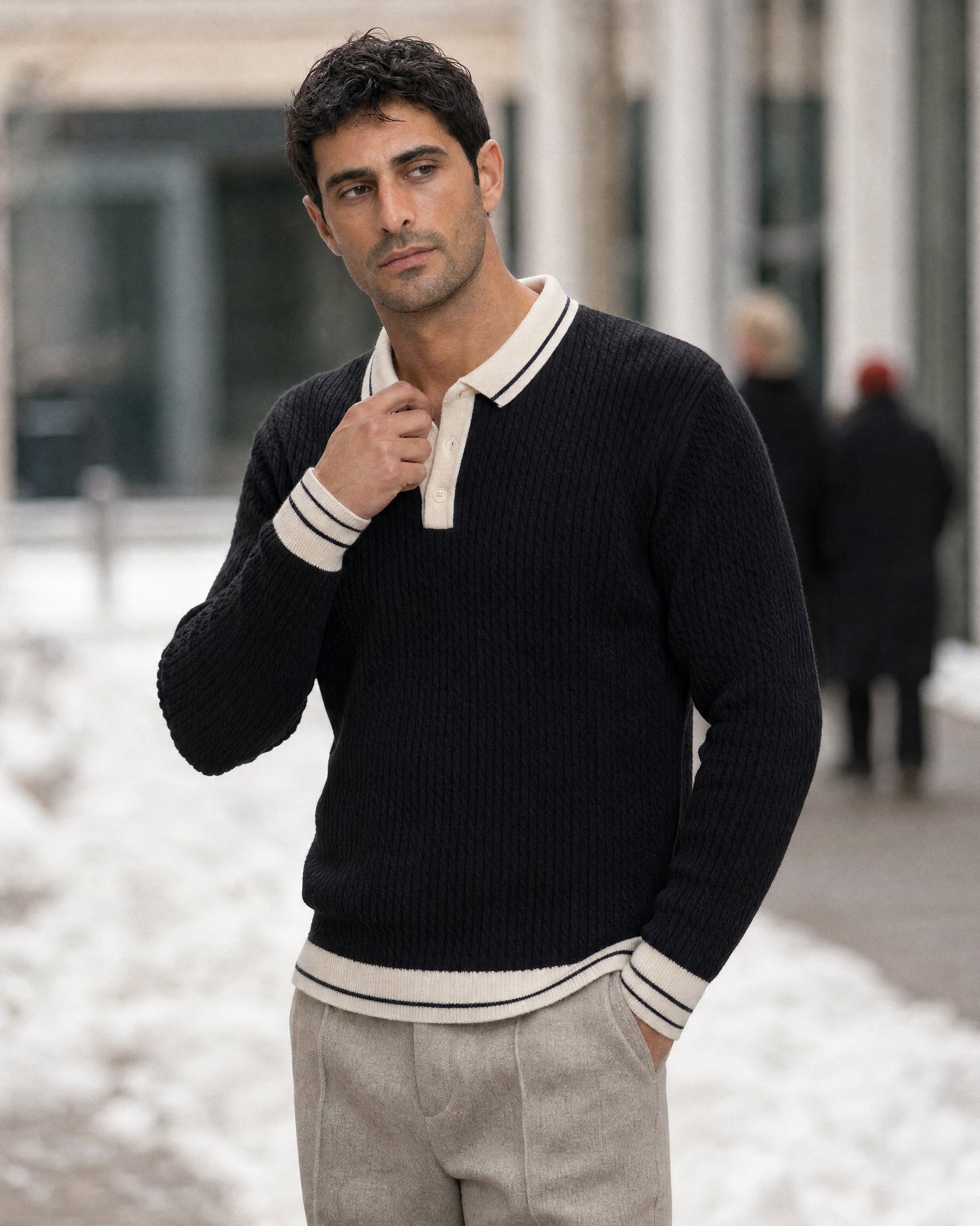 Taormina Contrast-Trim Ribbed Knit Polo - Black