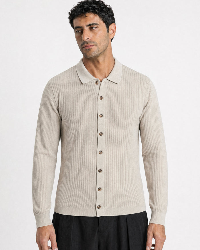 Bellagio Ribbed Button-Front Knit Cardigan - Cream