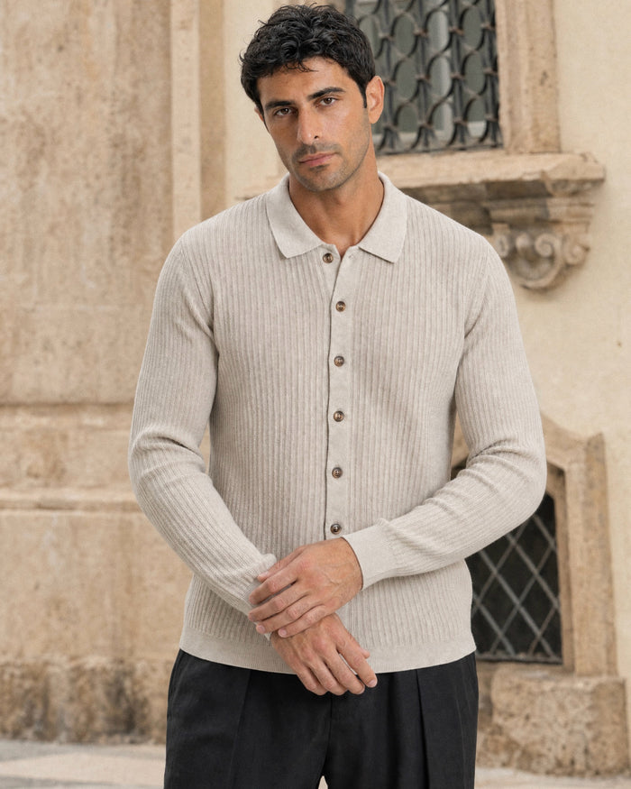 Bellagio Ribbed Button-Front Knit Cardigan - Cream