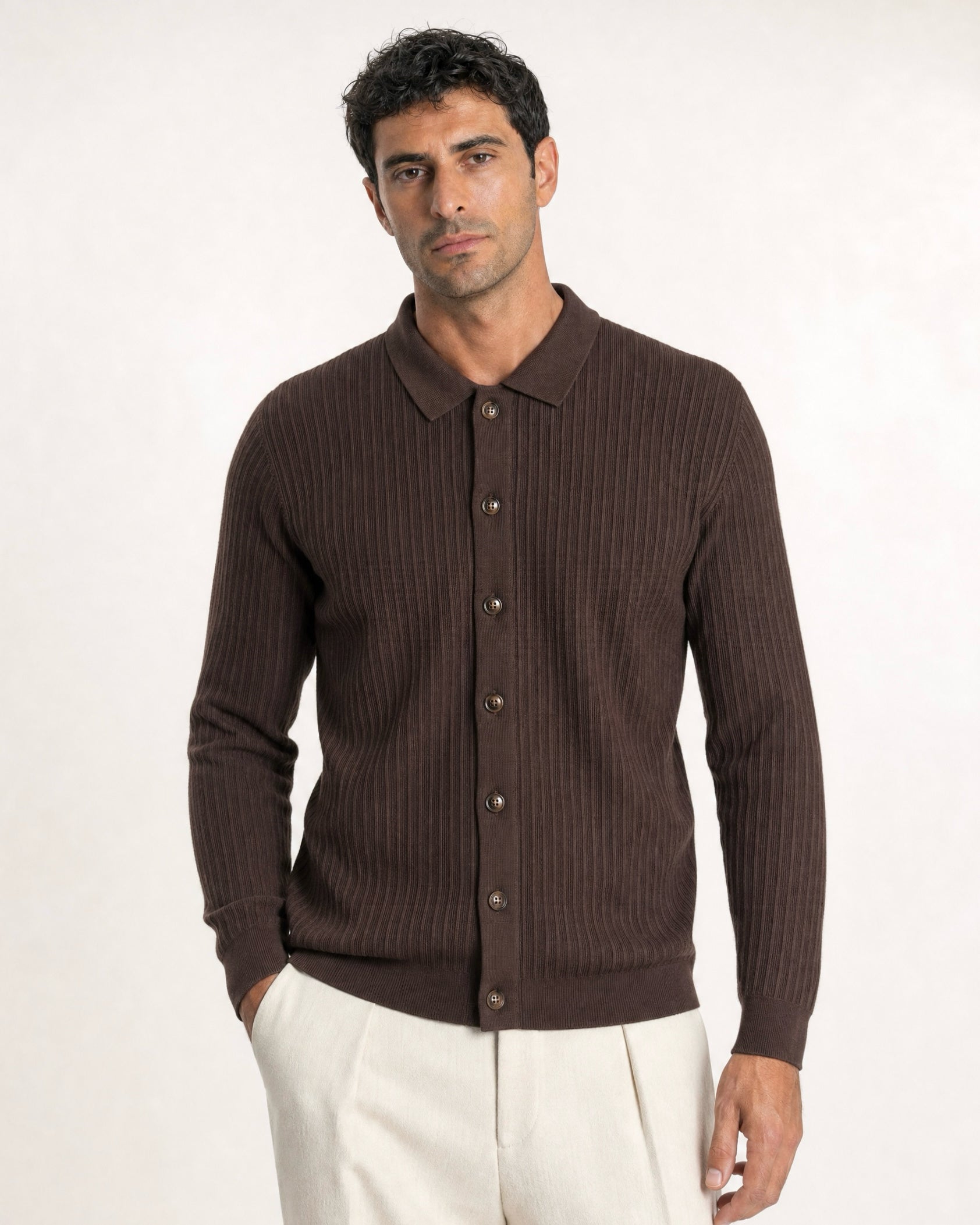 Bellagio Ribbed Button-Front Knit Cardigan - Espresso