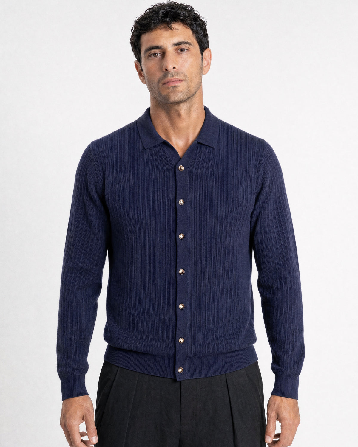 Bellagio Ribbed Button-Front Knit Cardigan - Navy