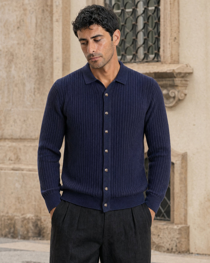 Bellagio Ribbed Button-Front Knit Cardigan - Navy