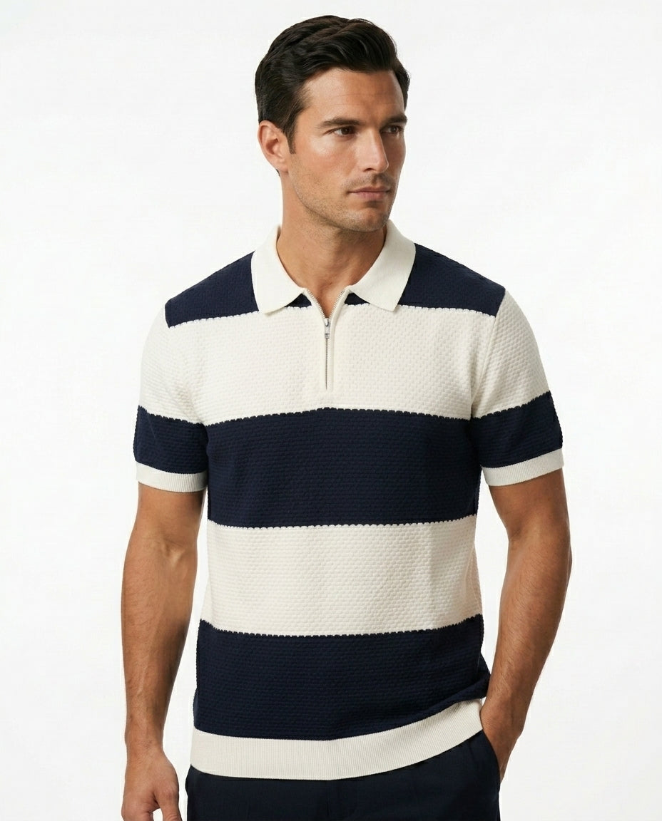 Block Stripe Zip Polo