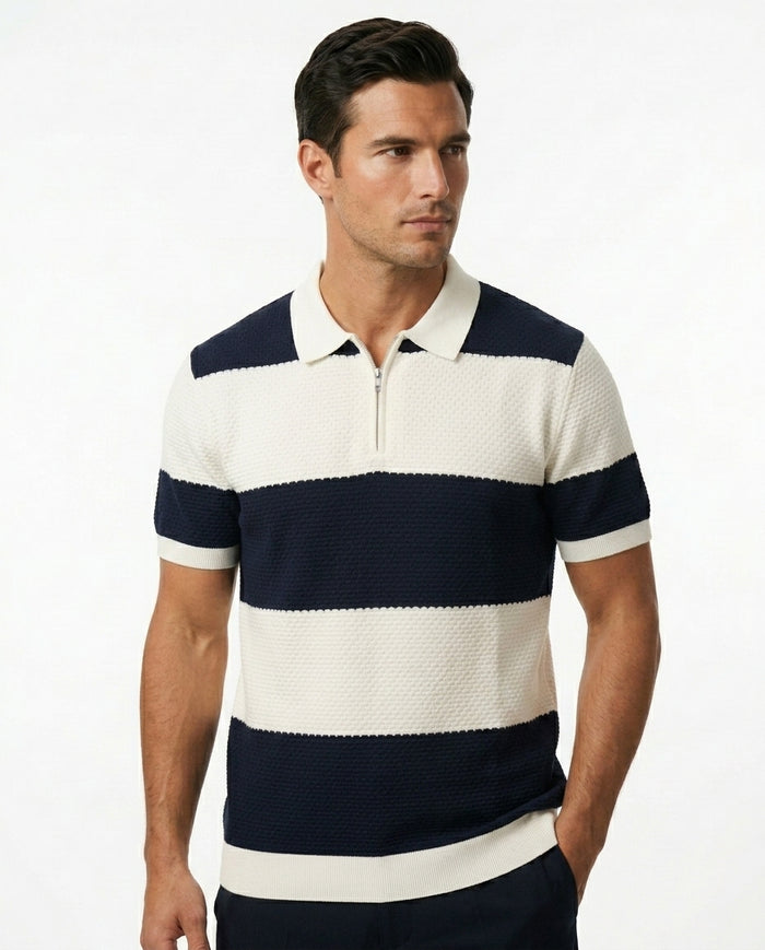 Block-Stripe Zip Polo, Navy