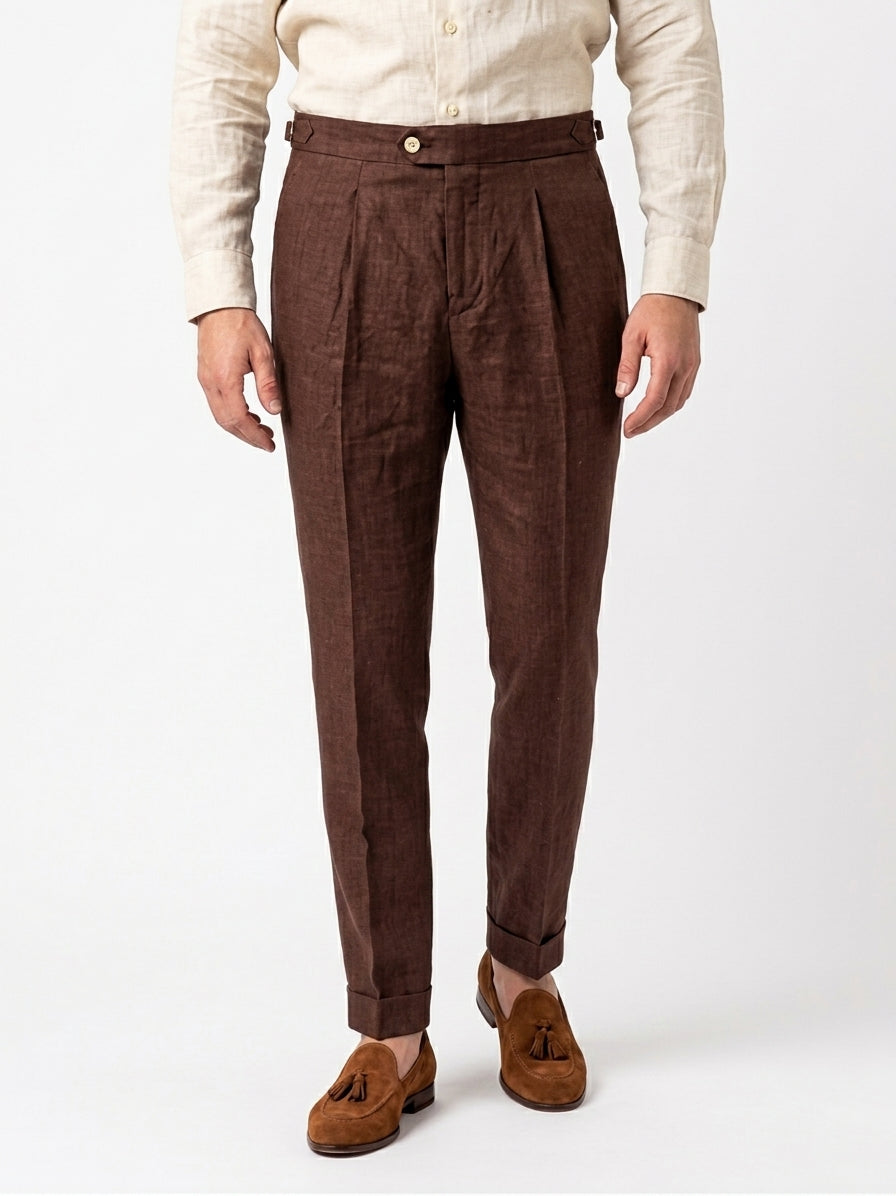 Pleated Linen Trouser - Chocolate